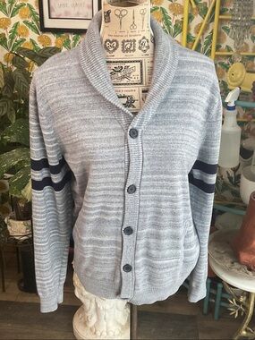 Banana Republic Gray Shawl-Collar Cardigan with Navy Stripes
